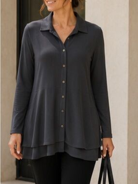 Sympli Charm knit tunic gray button front layered hem long sleeve Size 6